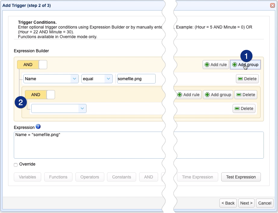 add new group in trigger condition expression builder